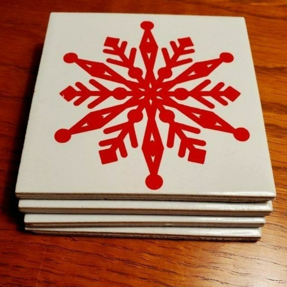 Holiday Coasters, Set of 4, Ceramic Tile, Red Snowflake on White, Cork backed